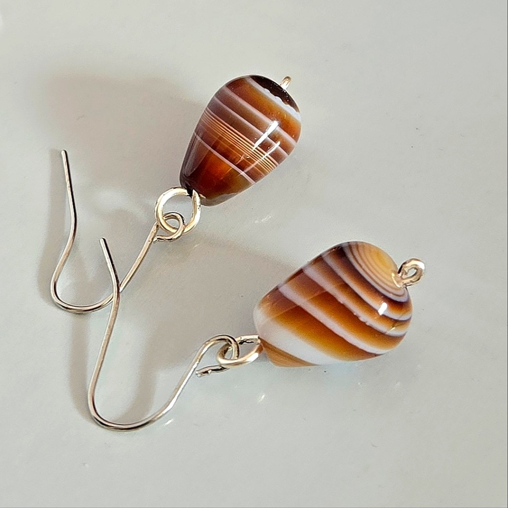 Brown Striped Agate Drop Dangle Earrings